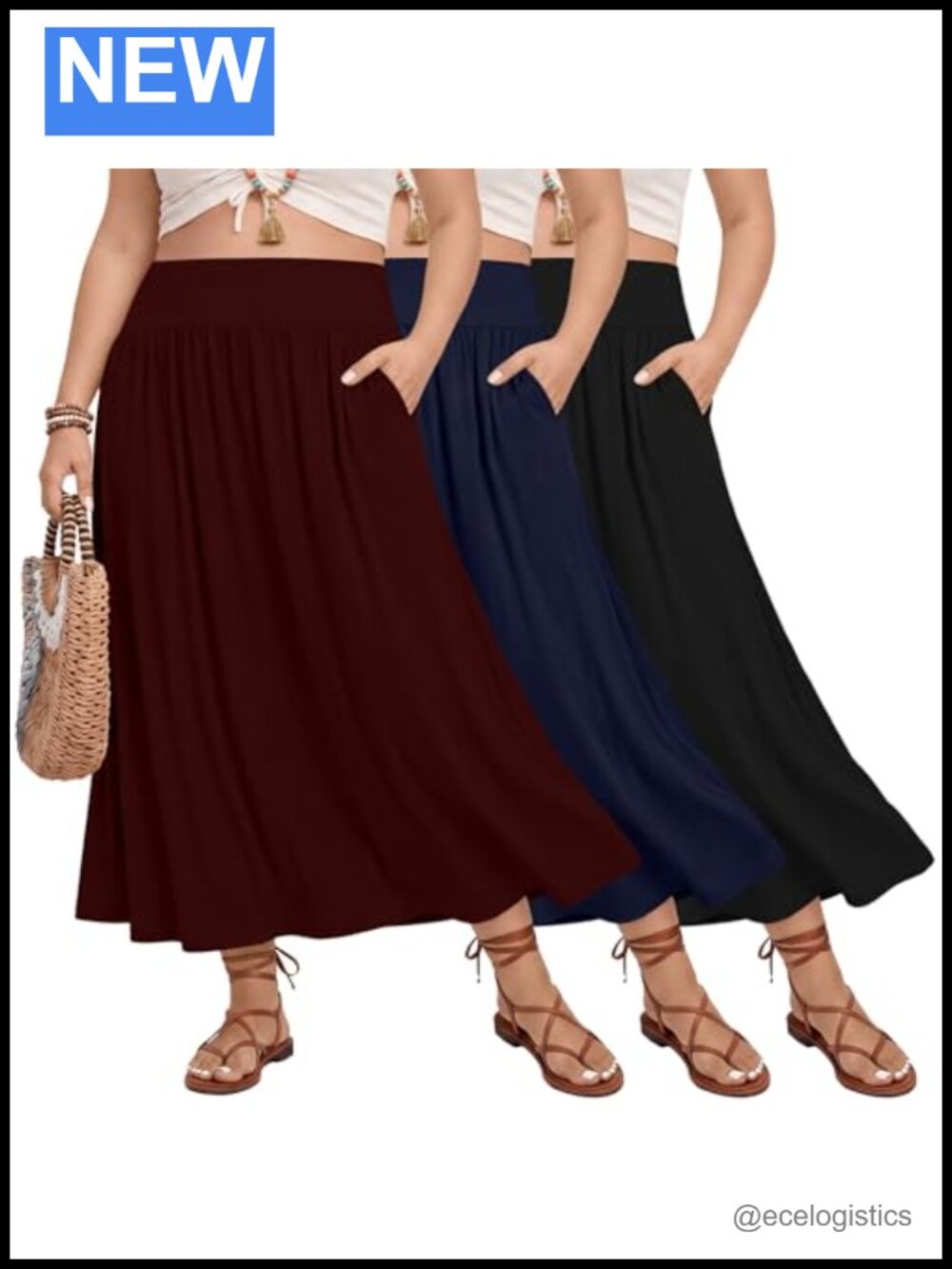 Plus Size Maxi Skirts 3 Pack A-Line Long Elastic High Waist with Pockets